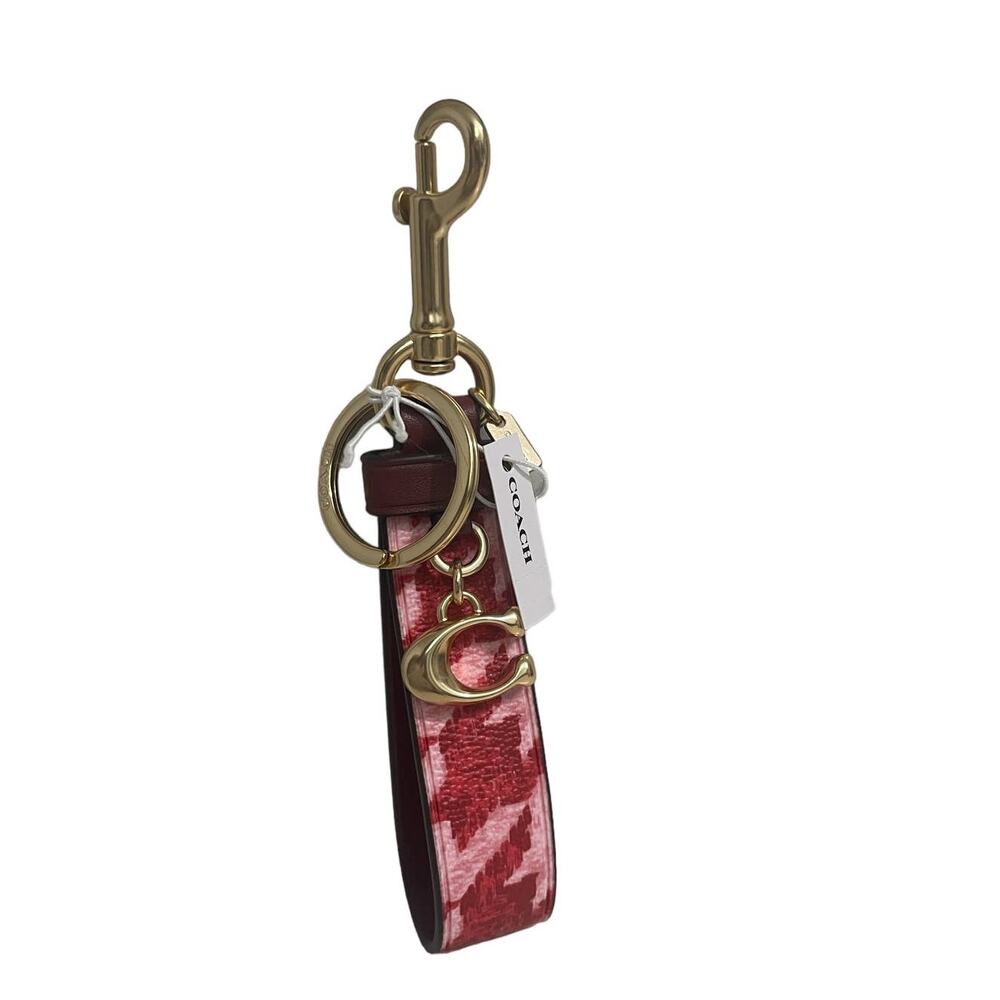 Coach Houndstooth print Im/Pink/Red Loop bag charm key chain New